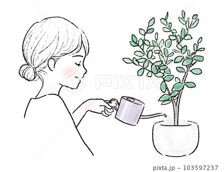 観葉植物に水をあげる笑顔の女性 103597237
