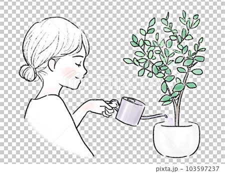 観葉植物に水をあげる笑顔の女性 103597237