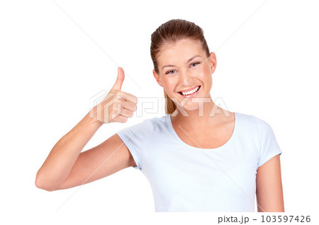 Happy woman, portrait and hand in thumbs up for winning, success or good job against a white studio background. Female person smiling showing thumb emoji, yes sign or like for approval or agreement 103597426