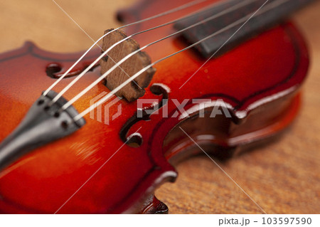 violin in vintage style on wood background 103597590