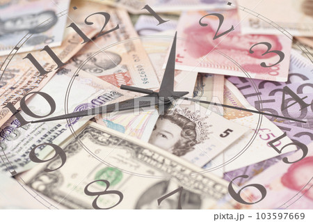 Clock face with International currencies. Time is money concept, illustration. Clock face with International currencies. Time is money concept, illustration. 103597669