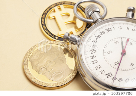 Stopwatch and bitcoins. Fast money on bitcoin. Fast cryptocurrency transfer 103597706