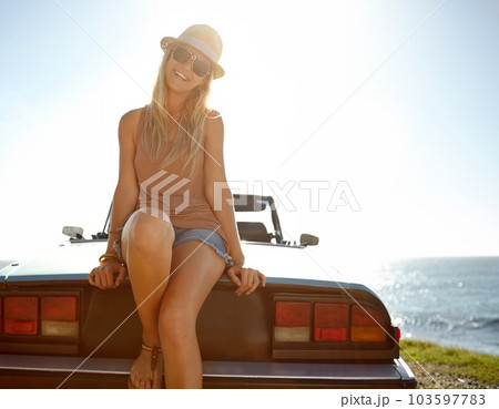 Car park, road trip portrait and travel woman on holiday adventure, transportation journey or fun summer vacation. Ocean sea mockup, convertible driver and driving girl relax in Portugal countryside Car park, road trip portrait and travel woman on holiday adventure, transportation journey or fun summer vacation. Ocean sea mockup, convertible driver and driving girl relax in Portugal countryside 103597783