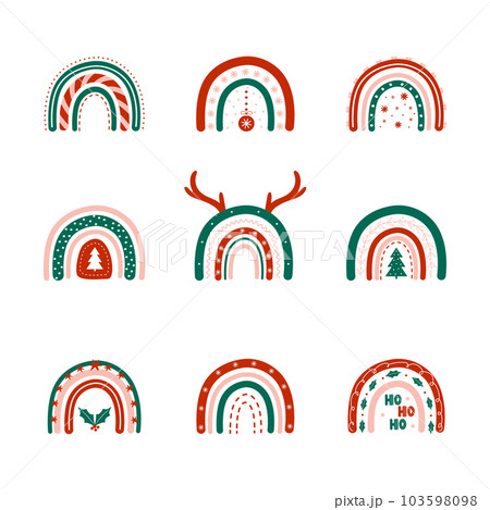 Christmas rainbows with new year elements. Winter clipart set in boho style. Vector fun childish illustration for posters, stickers, textile, logo, greeting cards 103598098