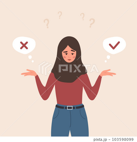 Young arabian girl choose yes or no. Woman making decision in doubt. Problem solving. Concept of choice or selection.Vector illustration in flat cartoon style 103598099