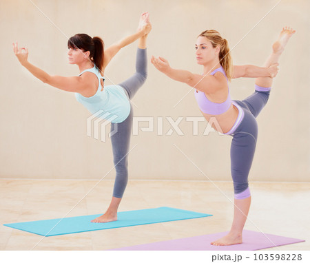 Woman, yoga and stretching in class for fitness, exercise or workout together in healthy wellness on mat. Women in warm up stretch, asana or dance pose for training, balance or pilates at indoor gym Woman, yoga and stretching in class for fitness, exercise or workout together in healthy wellness on mat. Women in warm up stretch, asana or dance pose for training, balance or pilates at indoor gym 103598228
