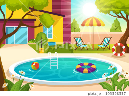 Swimming Pool Vector Illustration with Summer Vacation Landscape Concept and Swim Summer Activity in Flat Cartoon Hand Drawn Background Templates Swimming Pool Vector Illustration with Summer Vacation Landscape Concept and Swim Summer Activity in Flat Cartoon Hand Drawn Background Templates 103598557