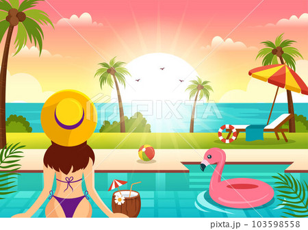 Swimming Pool Vector Illustration with Summer Vacation Landscape Concept and Swim Summer Activity in Flat Cartoon Hand Drawn Background Templates Swimming Pool Vector Illustration with Summer Vacation Landscape Concept and Swim Summer Activity in Flat Cartoon Hand Drawn Background Templates 103598558