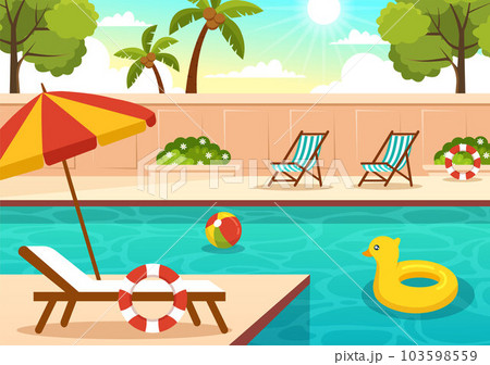 Swimming Pool Vector Illustration with Summer Vacation Landscape Concept and Swim Summer Activity in Flat Cartoon Hand Drawn Background Templates Swimming Pool Vector Illustration with Summer Vacation Landscape Concept and Swim Summer Activity in Flat Cartoon Hand Drawn Background Templates 103598559