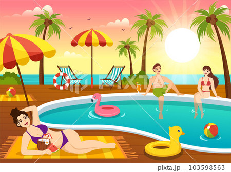 Swimming Pool Vector Illustration with Summer Vacation Landscape Concept and Swim Summer Activity in Flat Cartoon Hand Drawn Background Templates Swimming Pool Vector Illustration with Summer Vacation Landscape Concept and Swim Summer Activity in Flat Cartoon Hand Drawn Background Templates 103598563