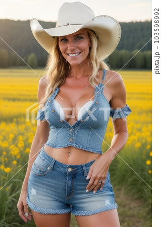 Model with side boob in denim jeans outdoors with cowboy hat Stock