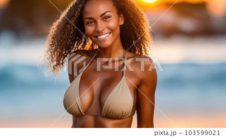 Beautiful sexy tan woman model with curly hair - Stock Illustration  [103599021] - PIXTA