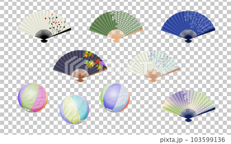 Fans and paper balloons designed with traditional Japanese patterns Fans and paper balloons designed with traditional Japanese patterns 103599136