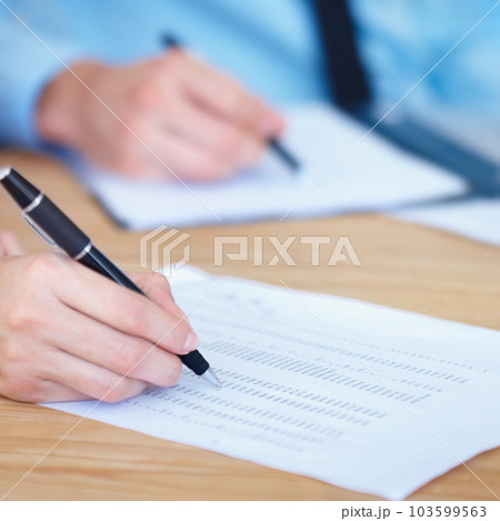 Business people, hands and writing on finance spreadsheet for accounting, budget or expenses on form. Hand of accountants working on financial report, documents or paperwork with pen on office desk Business people, hands and writing on finance spreadsheet for accounting, budget or expenses on form. Hand of accountants working on financial report, documents or paperwork with pen on office desk 103599563