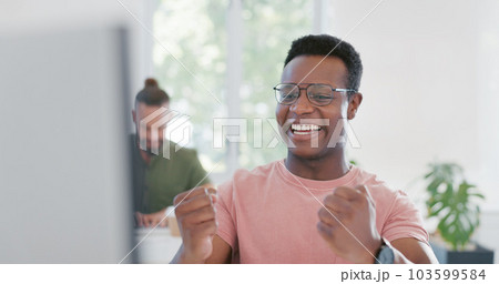 Computer, celebration and excited black man happy for ERP software, cyber security system or coding success. Information technology, ai developer or programmer cheer for code programming achievement 103599584