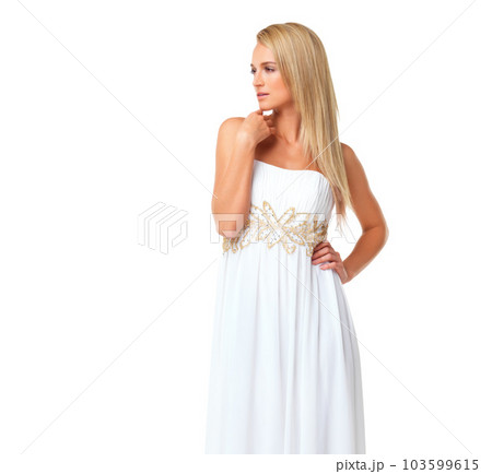 Fashion, beauty and woman in prom dress for party, celebration or formal event with mockup. Couture, designer and luxury with girl in evening gown for style, elegant and wedding in studio background 103599615
