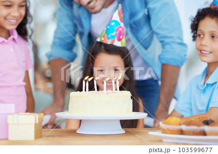 Birthday cake candles, kids party celebration and happy children, friends group or family celebrate childhood memory event. Candle flame, wish and youth kid excited for dessert, sweets or food 103599677