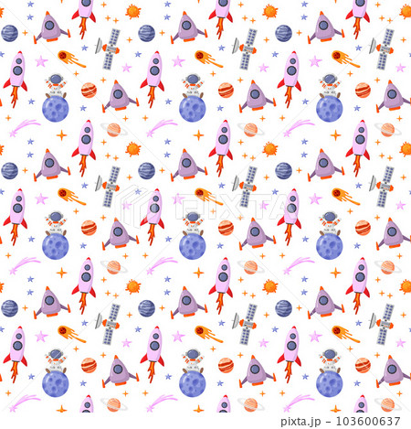Astronaut and space seamless pattern with space elements. Seamless pattern for design, posters, backgrounds astronaut and space. Planet, comet, galaxy, alienships. 103600637