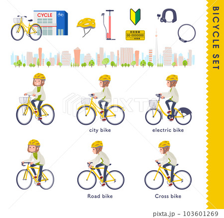 色々な自転車に乗るカジュアルファッション女性のセット 103601269