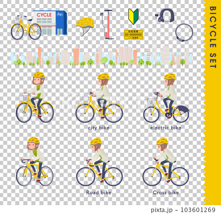 色々な自転車に乗るカジュアルファッション女性のセット 103601269