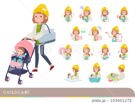 赤ちゃんのお世話をするカジュアルファッション女性のセット 赤ちゃんのお世話をするカジュアルファッション女性のセット 103601278