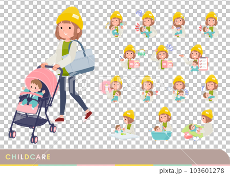 赤ちゃんのお世話をするカジュアルファッション女性のセット 赤ちゃんのお世話をするカジュアルファッション女性のセット 103601278