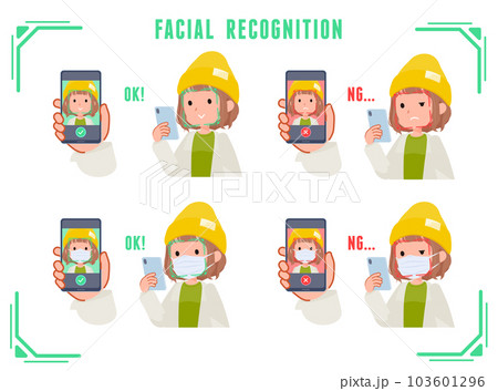 スマホで顔認証をしているカジュアルファッション女性のセット 103601296