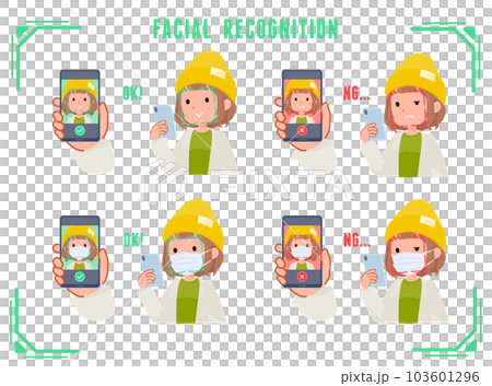 スマホで顔認証をしているカジュアルファッション女性のセット 103601296