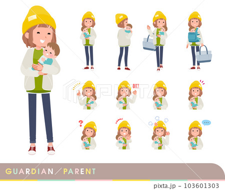 赤ちゃんの保護・世話をするカジュアルファッション女性のセット 103601303