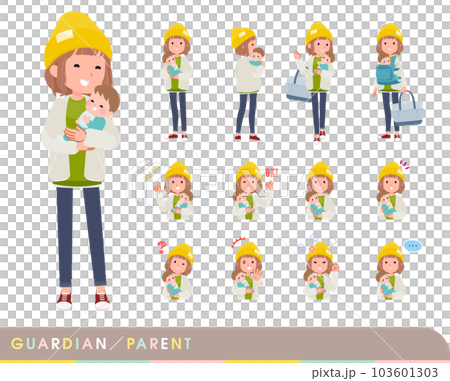 赤ちゃんの保護・世話をするカジュアルファッション女性のセット 103601303