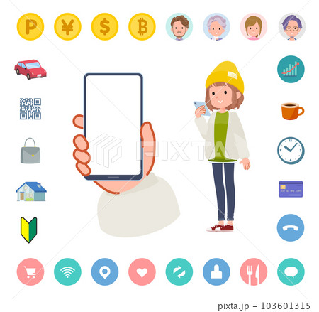 スマートフォンの画面を見るカジュアルファッション女性のセット スマートフォンの画面を見るカジュアルファッション女性のセット 103601315