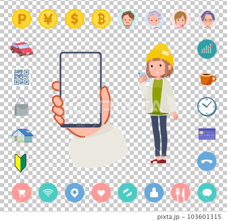 スマートフォンの画面を見るカジュアルファッション女性のセット スマートフォンの画面を見るカジュアルファッション女性のセット 103601315