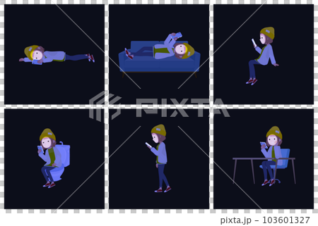 暗闇でスマホを使うカジュアルファッション女性のセット 103601327