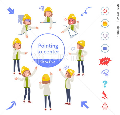 色々な方向を指差すカジュアルファッション女性のセット 103601336