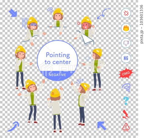 色々な方向を指差すカジュアルファッション女性のセット 103601336