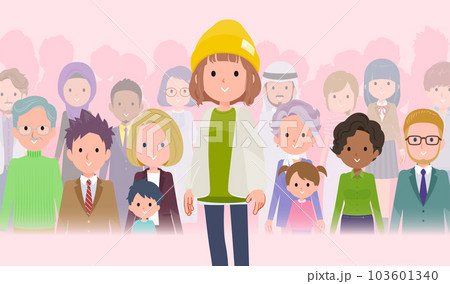 大勢の前に立つカジュアルファッション女性のセット 103601340