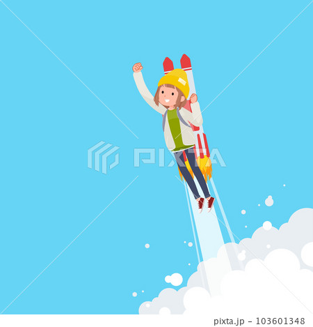 ロケットジェットで飛び立つカジュアルファッション女性のセット 103601348