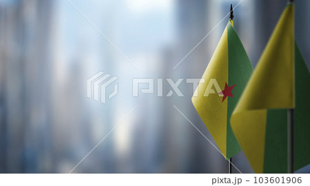 Small flags of the French Guiana on an abstract blurry background Small flags of the French Guiana on an abstract blurry background 103601906