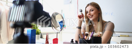 Woman makeup artist conducts makeup training on camera remotely 103602473