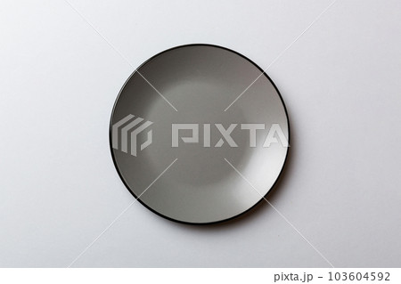 Top view of isolated of colored background empty round gray plate for food. Empty dish with space for your design 103604592