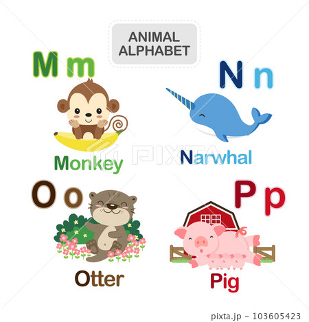 English alphabet with cute animals vector illustration. 103605423
