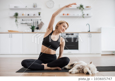 Lady stretching in Parsva Sukhasana to reach dog on floor Lady stretching in Parsva Sukhasana to reach dog on floor 103605747