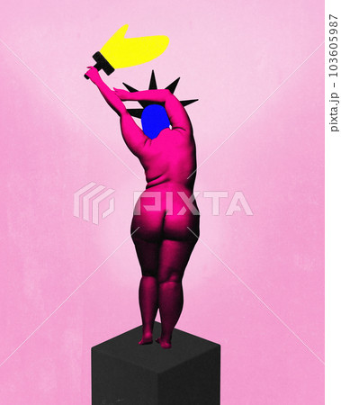 Creative design with woman's body, female model standing like a statue ver pink background. Overweight. Contemporary art collage. Creative design with woman's body, female model standing like a statue ver pink background. Overweight. Contemporary art collage. 103605987