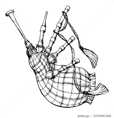 Ink hand drawn vector sketch of isolated object. Scotland symbol, tartan pattern traditional scottish bagpipe musical instrument. Design for tourism, travel, brochure, guide, print, card, tattoo. 103606166