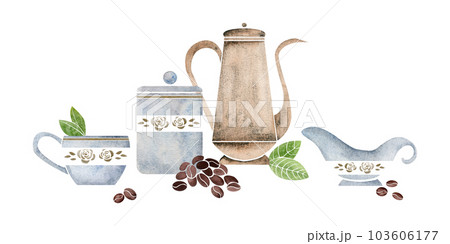 Watercolor hand drawn composition with copper coffee pot and porcelain cups, creamer, leaves, beans. Isolated on white background. For invitations, cafe, restaurant food menu, print, website, cards 103606177