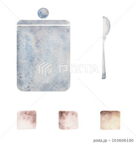 Watercolor hand drawn illustration. Porcelain storage jar, sugar cubes, tea spoon kitchen crockery. Isolated object on white background. Invitations, cafe, restaurant food menu, print, website, cards 103606180