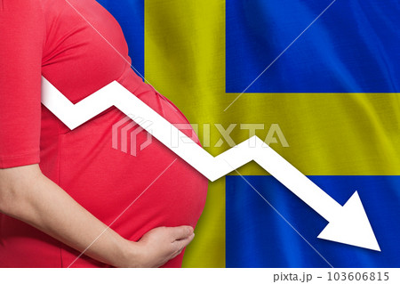 Pregnant woman on Swedish flag background. Falling fertility rate in Sweden 103606815