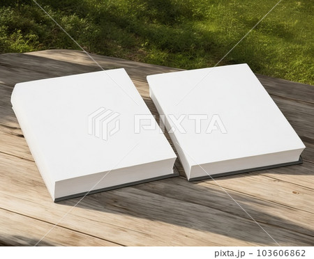 Discover the Serenity of Two White Books with Textured Hardcover in an Outdoor Mockup. Generative AI. Discover the Serenity of Two White Books with Textured Hardcover in an Outdoor Mockup. Generative AI. 103606862
