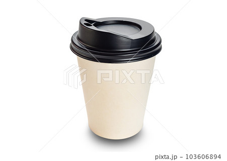 High angle view closeup of single smooth empty white paper coffee cup with black lid isolated on white background. 103606894