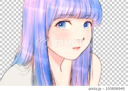 Line drawing color illustration of a girl with a sexy and round face Hair = blue Eyes = blue No background Light lipstick 103606940